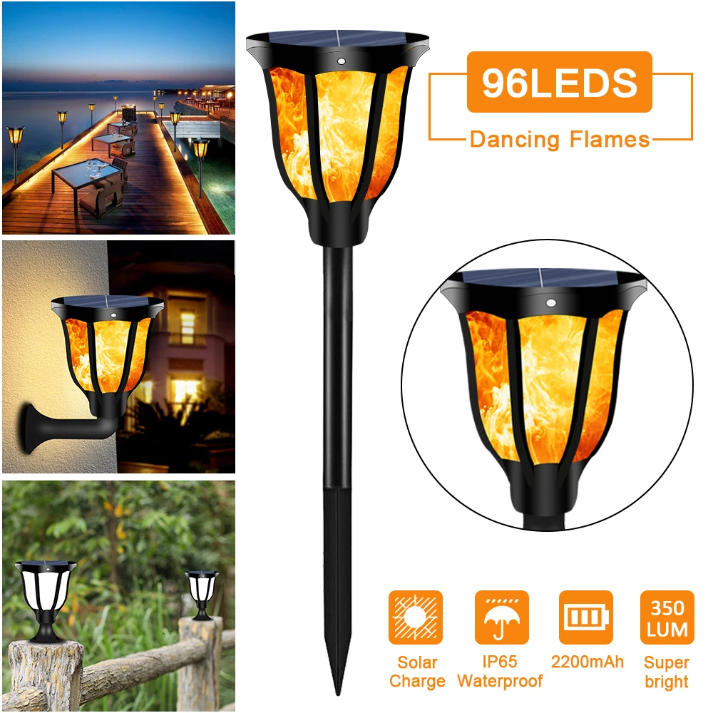 

Waterproof IP65 96 LED Solar Dancing Flame Lamp Night Light Ground Stake/Base/Wall Lamp for Garden Courtyard Stairs