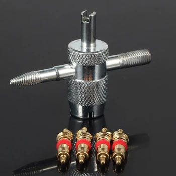 

Car Bike 4 Way Tyre Valve Repair Standard Tire Remover Tool + 4 Stem Cores Kit