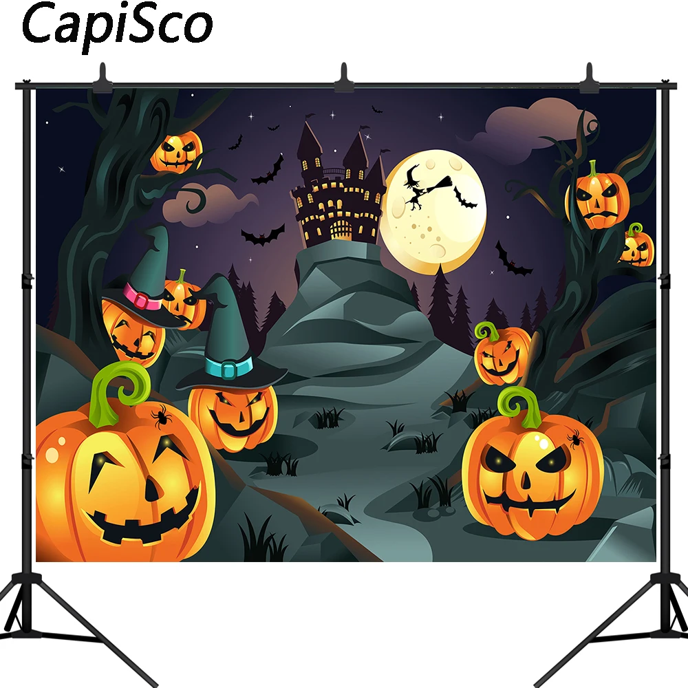 

Capisco Halloween Themed Photography Backdrop castle pumpkin Witch under moonlight Background Photo Studio Photographer Props
