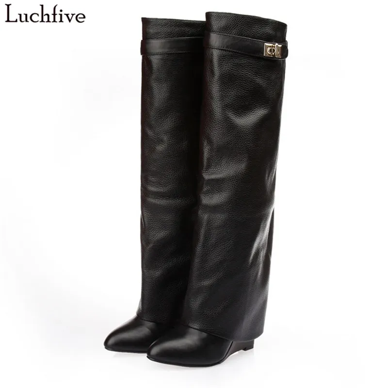 

New stylish Winter knee high boots Women wedge heel shark lock Strap fold point toe ladies knight Layer boots