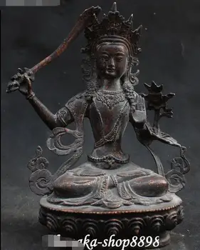 

8" Tibet Buddhism Bronze Wenshu Manjushri Goddess Bodhisattva Hold Knife Statue