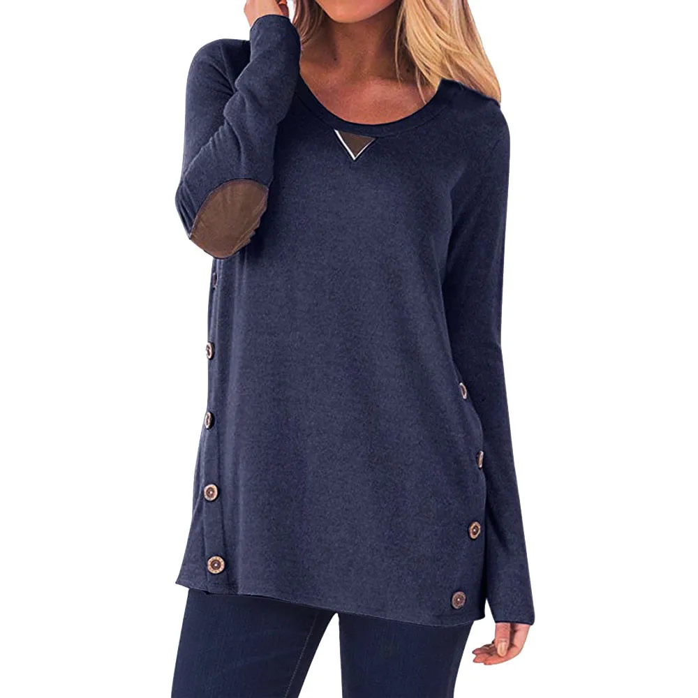 

ISHOWTIENDA Womens Blouse Tops Fall Winter clothes Casual Long Sleeve Round Neck Button Loose Pullover Haut Femme Women Shirts