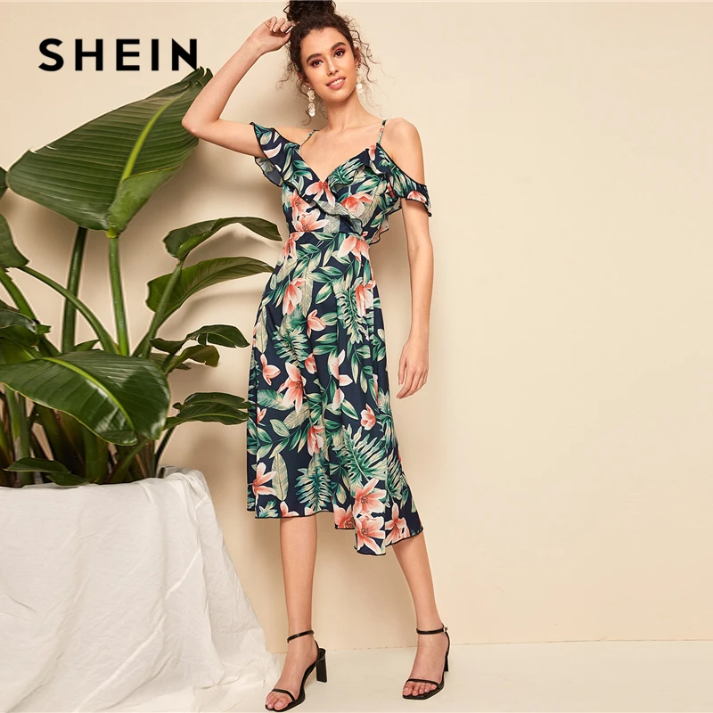 SHEIN ريترو بوهو المشمش الزهور Ruched كم الرداء الكهنوتي الرقبة مربوط ميدي اللباس النساء 2019 صالح ومضيئة أنيقة الصيف فساتين