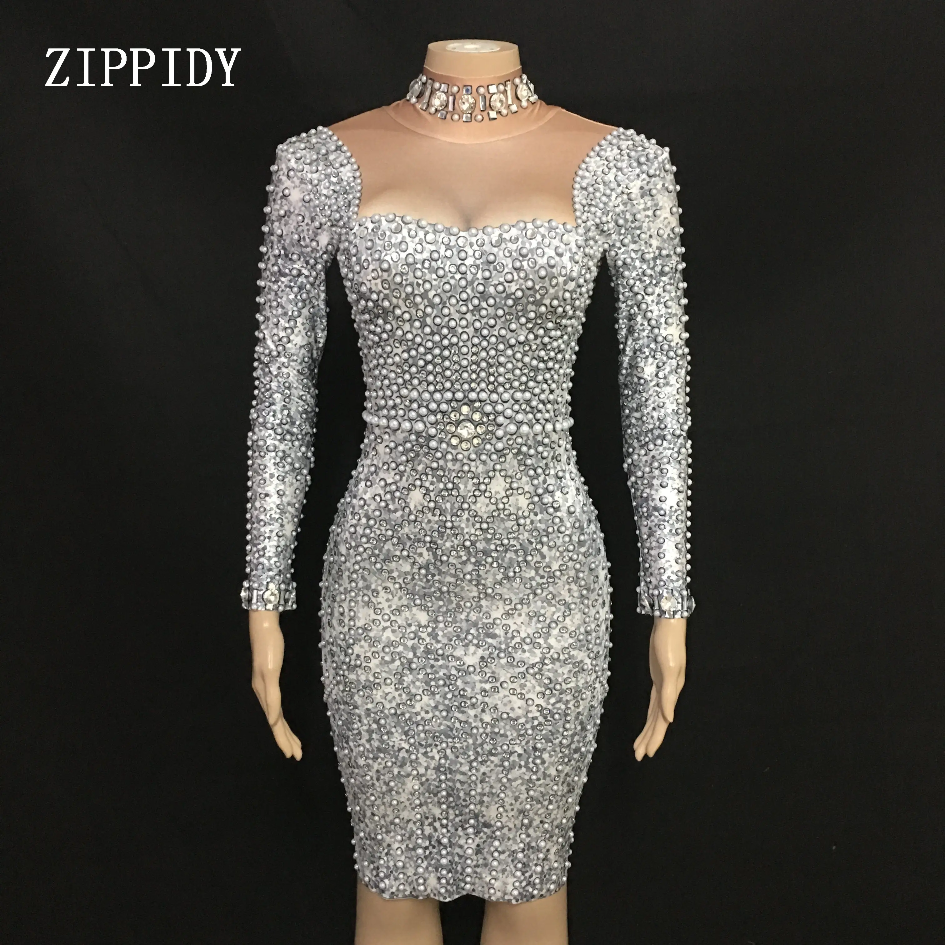 

Sparkly Pearl Rhinestone Gray Dress Fashion Long Sleeves Skinny Dress Prom Nude Stretch Dress Singer Birthday Celebrate Dresses
