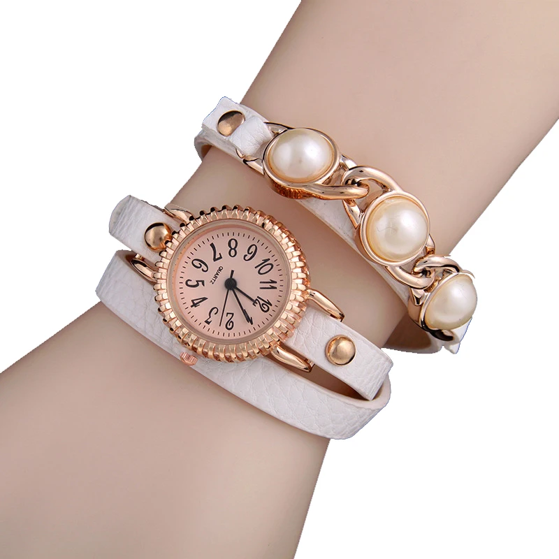 

New Fashion Bracelet Watch Women Pearl PU Strap Watches Litchi Pattern Leather Digital Quartz Watch 2018 New Relogio Feminino