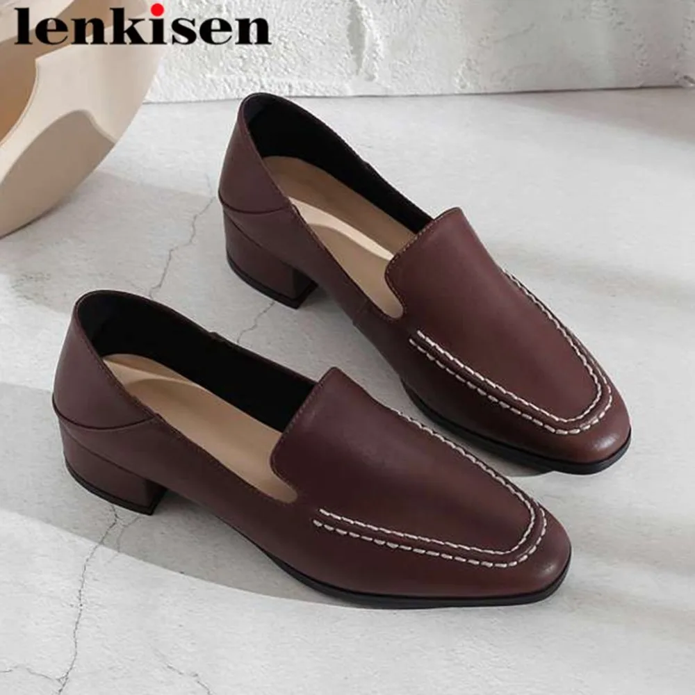 

Lenkisen concise style slip on full grain leather classic square toe chunky low heels retro fairy sewing pretty girls pumps L71