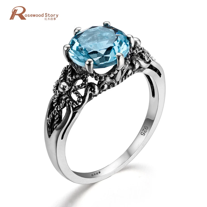 

Tuker Luxury Flower Round Blue Crystal Ring Fashion 925 Sterling Silver Jewelry Men Wedding Rings For Women Birthday Stone Gifts