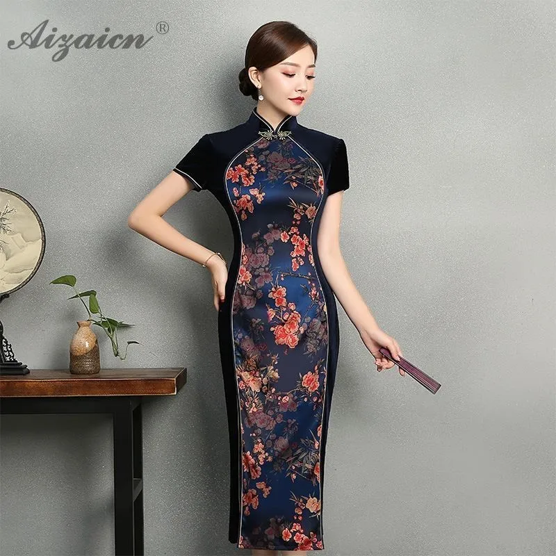 Оригинальный ретро черный длинный Cheongsam Китайский Femme элегантный тонкий Qi Pao платья китайское традиционное платье Ципао Восточный стиль