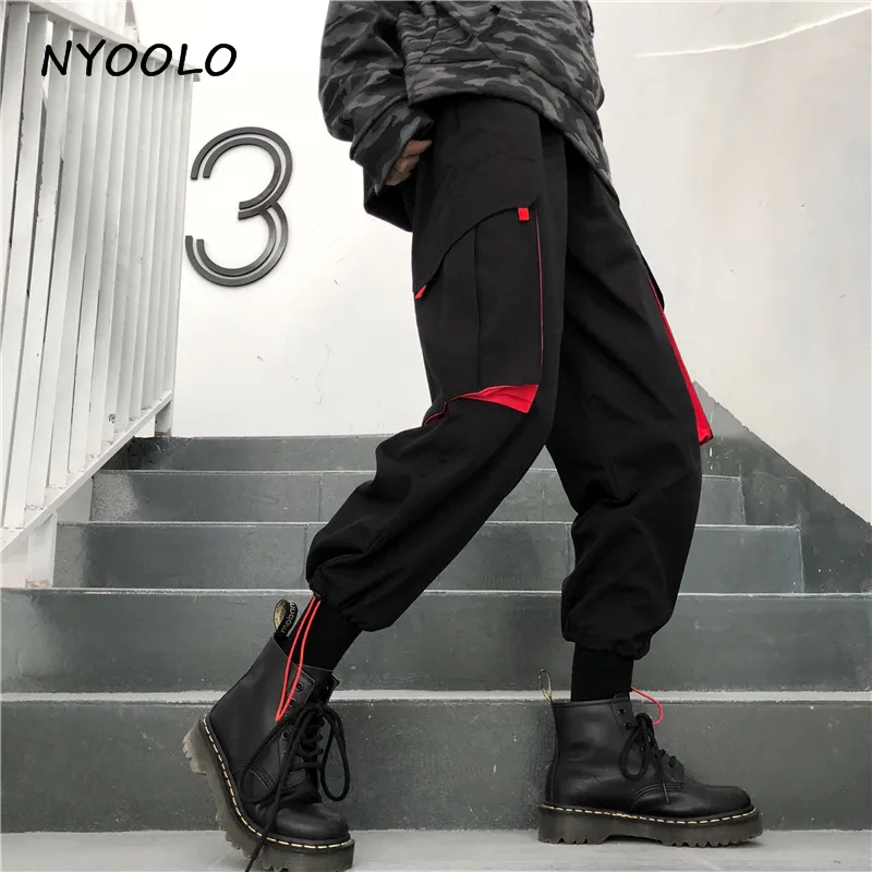 

NYOOLO Harajuku style thick high waist cargo pants Autumn winter patchwork hip hop elastic waist ankle-length pants women/men