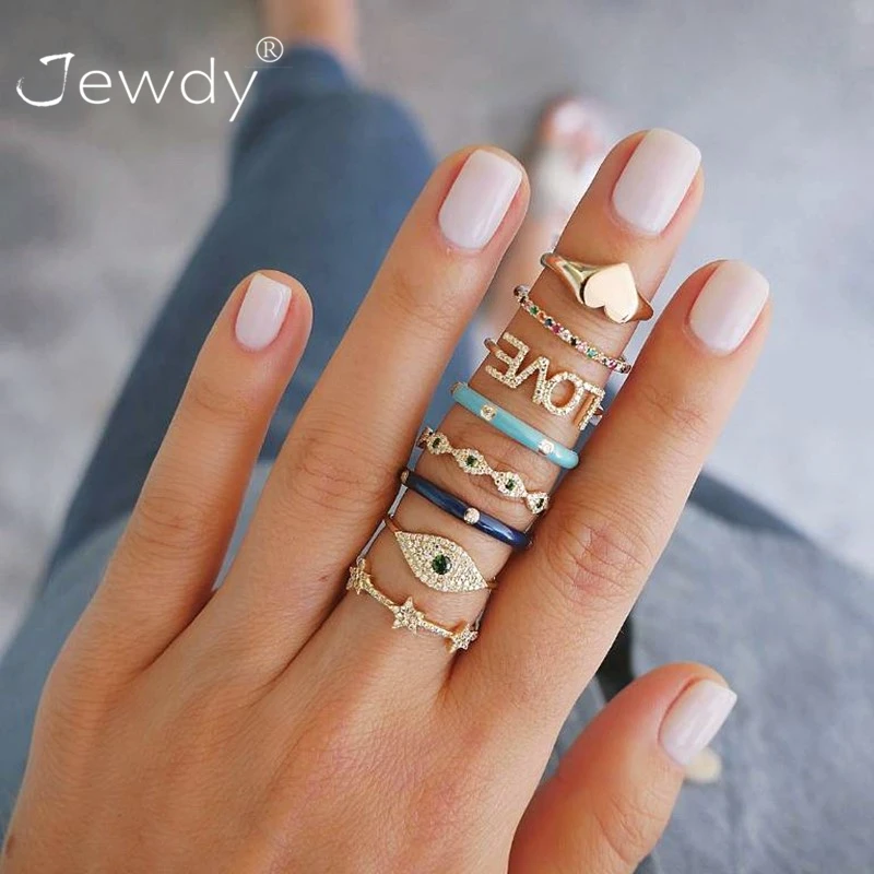 

8 Pcs/ Set Bohemian Exquisite Stars Heart Eyes Letters Love Crystal Gem Joint Ring Female Fashion Gold Ring Set Combination