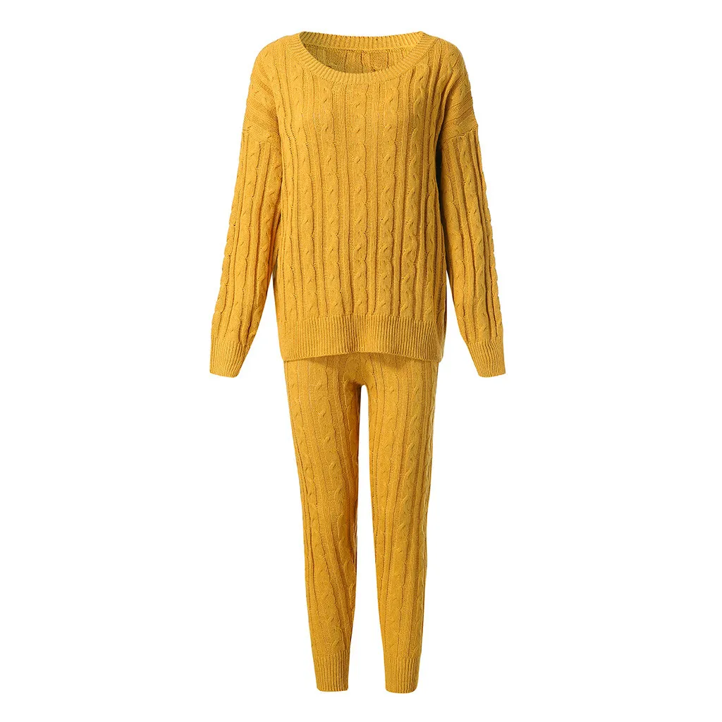 S-3XL Two piece set women's off-the-shoulder solid color suit sweater 2PC cable knit warm casual wear suit