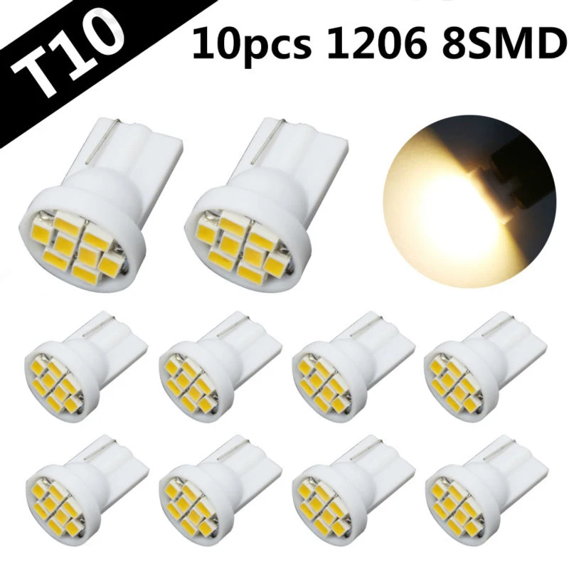 Светодиодсветодиодный лампы W5W T10 8 SMD 1206 10 шт. светодиодные 168 192 лампа с теплым