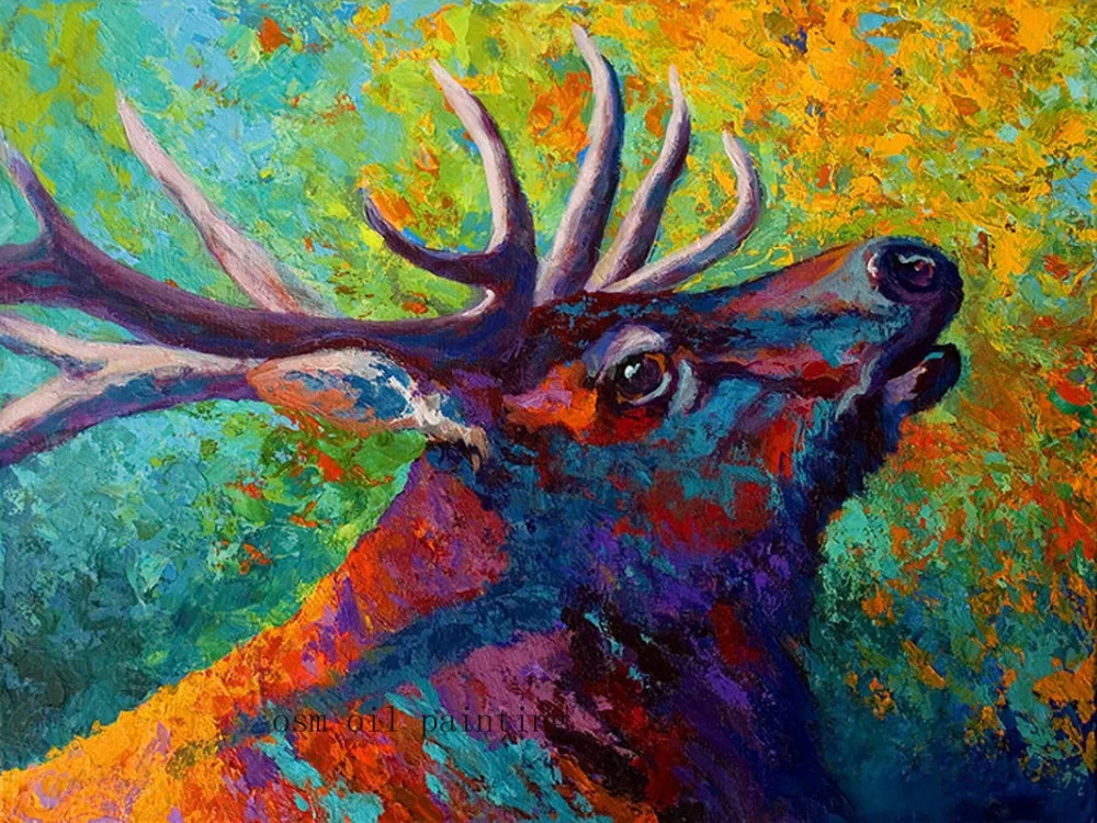 

Hand-painted Wall Artwork Picture Deer Head Oil Painting on Canvas Handmade Impressionist Colorful Antlers Paintings Decor Art