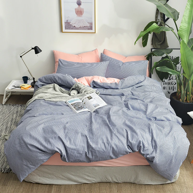 

2018 Brief Grey Stripes Bedding Set Cotton Fabric 4Pcs Queen Ru Europe Twin Size Duvet Cover Flat Sheet Pillow Cases