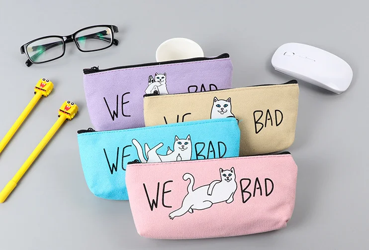 

Funny We Bad Cat Canvas Large Capacity Pencil Bag Stationery Storage Organizer Case School Supply Korean Stationery