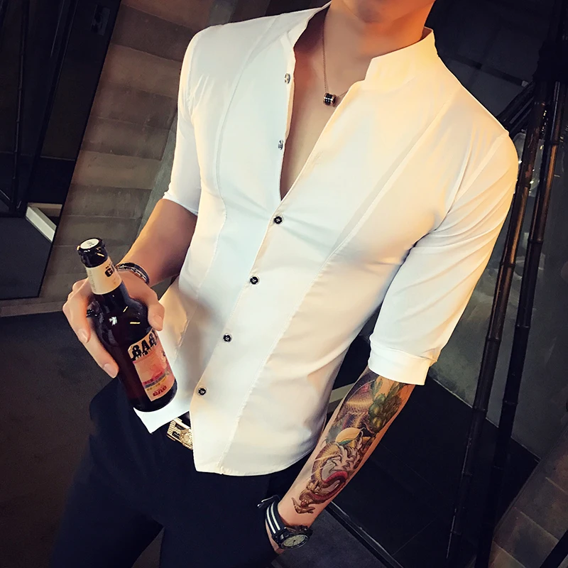 Goede Stand Kraag Chinese Stijl Overhemd Mannen Slim Fit Korea Kleding Mannen Half Mouw 2018 Zomer Designer Club Shirt Camisa Masculina