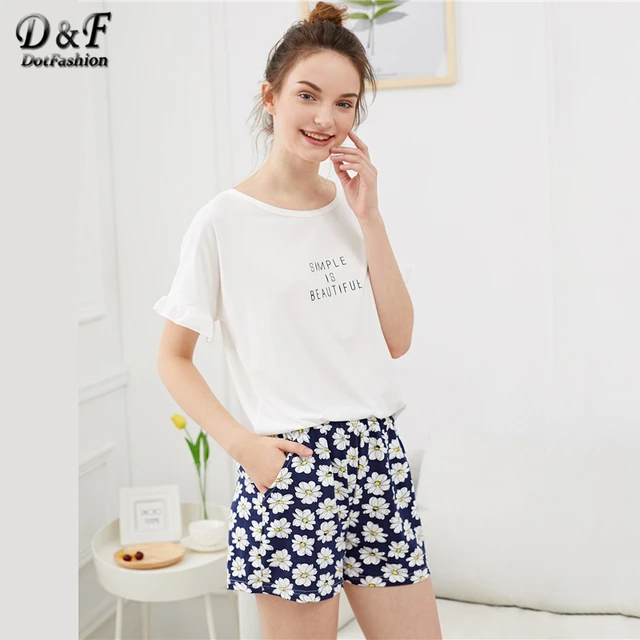 Dotfashion Ruffle Hem Flower & Letter Print Pajama Sets Summer Ladies Casual Round Neck Short Sleeve Women Multicolor Sleepwear