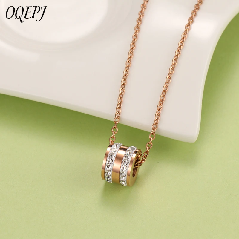 

OQEPJ Trendy 316L Stainless Steel Necklace Pendant Elegant Crystal Round Rose Gold Color Necklaces 2019 Fashion Jewelry Gifts