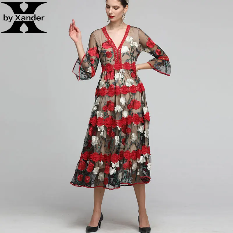 

2019 summer women dress high quality embroided 9 quarter puff sleeve Vsexy lace rose eleangt black lady dress runway fashion