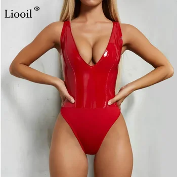

Liooil Sexy Club Leather Bodysuit Black Red Bodycon Jumpsuits For Women Sleeveless V Neck Party Rompers Womens Jumpsuit Overalls
