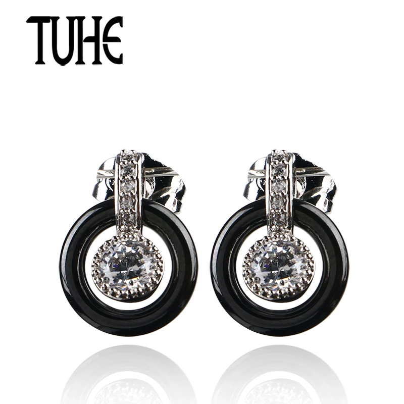 

TUHE Women Classic Black White Ceramic Hollow Circle With One Big Crystal Stud Earrings Round Fashion Wedding Jewelry Best Gifts