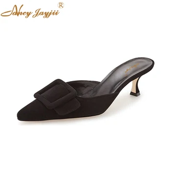 

Summer 2018 Casual Outdoor Black Soft Suede Women Mule Pointed Toe Sandals Suede Slip On Low Kitten Heel Buckle Slide Shoes Red
