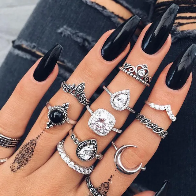 

Boho Punk Crown Moon Heart Rhinestone Geometric Flower Knuckle Rings Set for Women Midi Finger Rings Stacking Finger Jewelrys