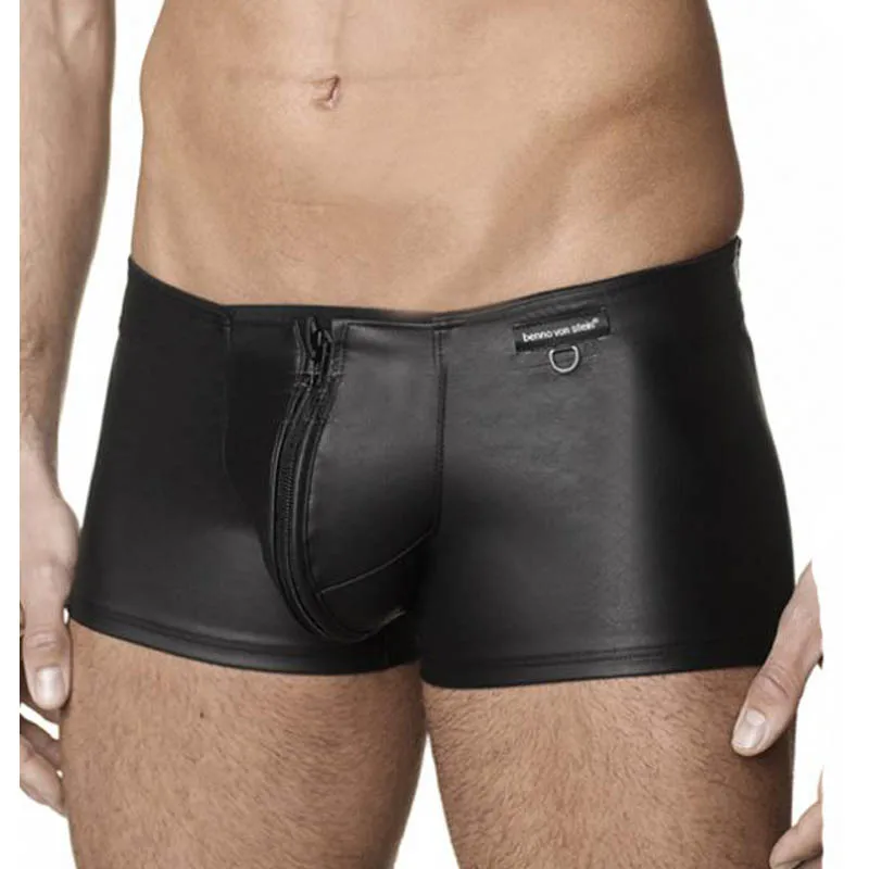 Mens Leather Boxer Shorts Black Sexy Zip Open Crotch Boxer Homme Gay Fetish Vinyl Club Wear Vinyl Leather Mens Underwear Boxers