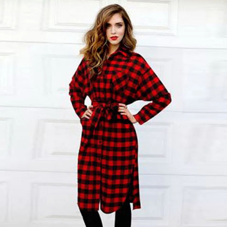 

2017 Women Fashion Lady Long Sleeve Plaid Check Straight Tunic Casual Blouse Shirt Dress with Belt