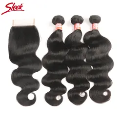Sleek перуанские пучки волос с закрытием 4X4 объемная волна Связки с закрытием Номера для человеческих волос 3 Связки (bundle) с закрытием