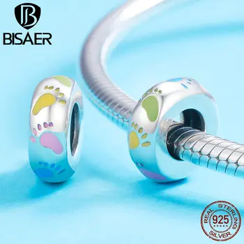 

925 Sterling Silver Baby Little Footprint Enamel Charms Beads fit BISAER Bracelet for Women Silver Beads Jewelry Making ECC752