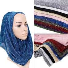 MANYUE-CO Women Hijab Scarf Shiny Shimmer Sequins Head Scarf Gold Silver Yarn Muslim Glitter Islamic Sarves Shawls and Waps