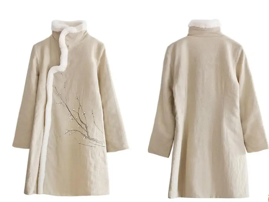 Льняная ручной росписью Китайский национальный стиль женская элегантная длинная хлопковая стеганая одежда плюс размер зимняя куртка пальто