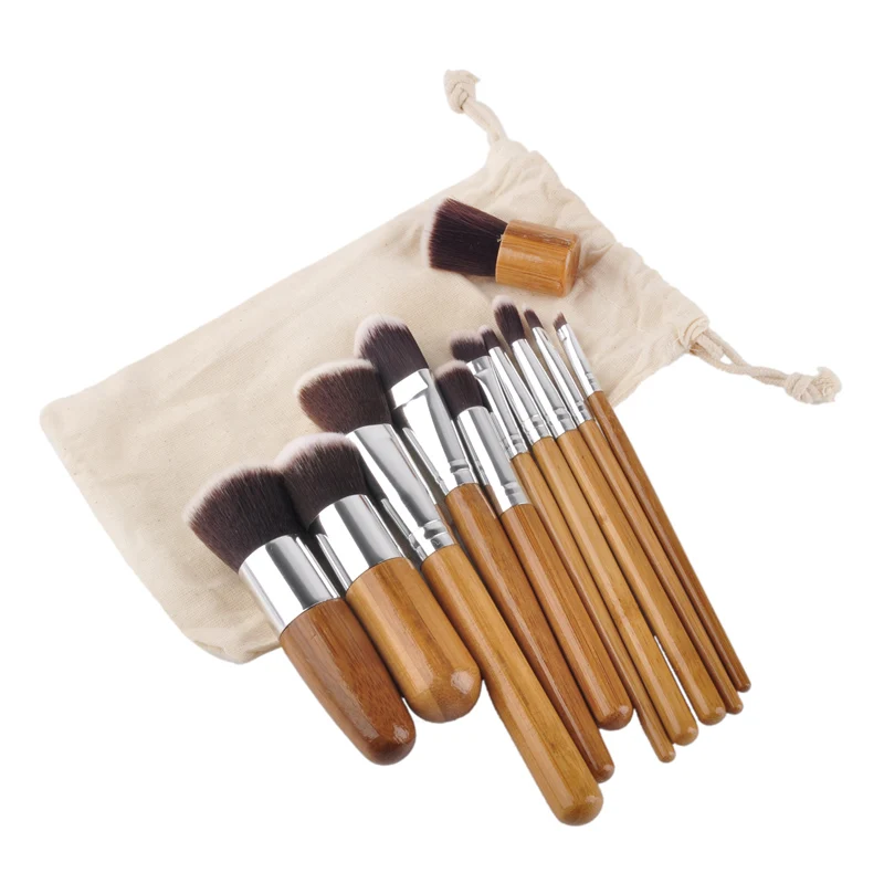 

11pcs/set Bamboo Handle Makeup Brushes Professional Foundation Eyeshadow Blusher Cosmetic Makeup Brushes Set Kit with Pouch bag
