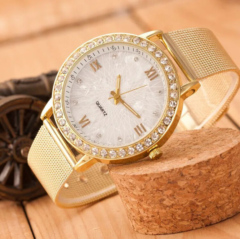 Брендовые женские роскошные золотые часы с бриллиантами, стильные женские часы с кристаллами и римскими цифрами, сетчатый Браслет из нержавеющей стали, наручные часы