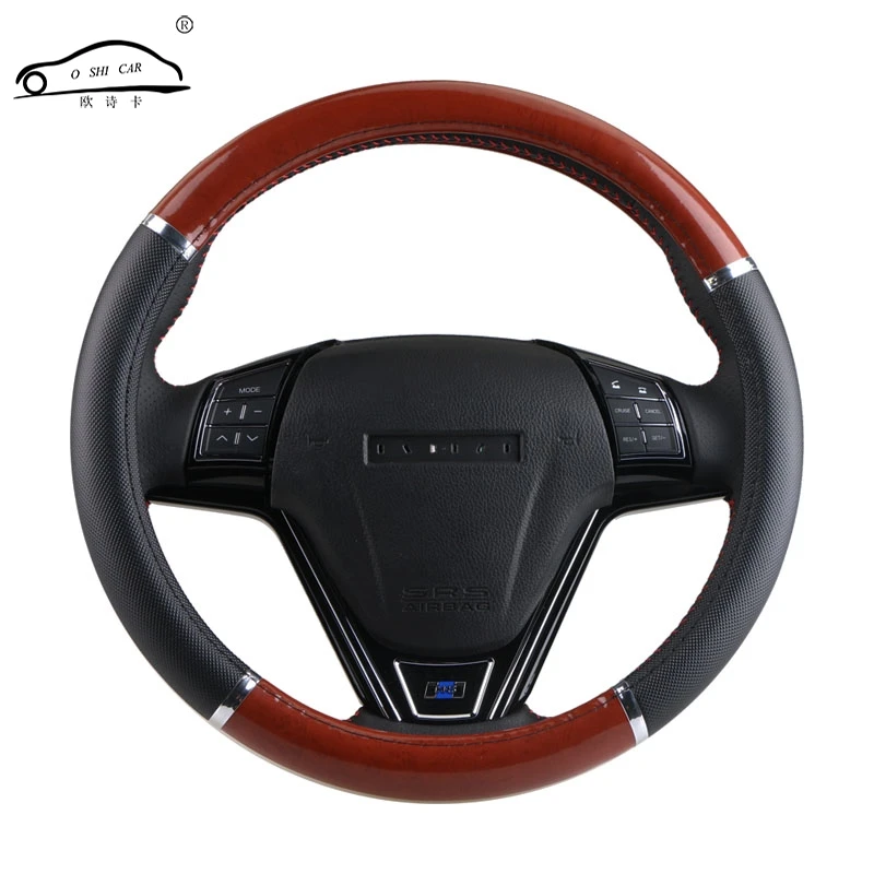 Black Steering Wheel Cover with Woodgrain Design and Chrome Trim/PU