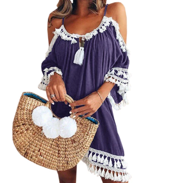 Female Spaghetti Strap Boho Dress Plus Size 5XL Summer Loose Beach Sundress Backless Short Sleeve Tassel Women Dresses GV130 1