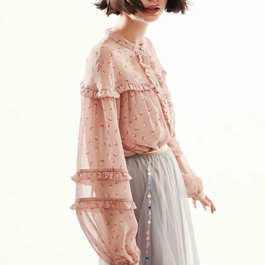 KIYUMI блузка женская шифоновая Женская s Топы и блузки с длинным рукавом рюшами Лоскутная кнопка спереди свободная милая розовая блузка женская