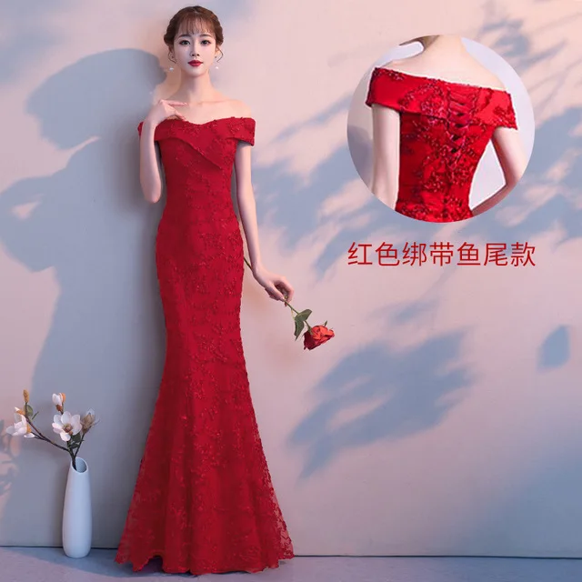 Новые китайские красные женские Cheongsam Сексуальные с открытыми плечами Qipao элегантные женские Русалка длиной в Пол платья невесты тост платье платья - Цвет: red 2