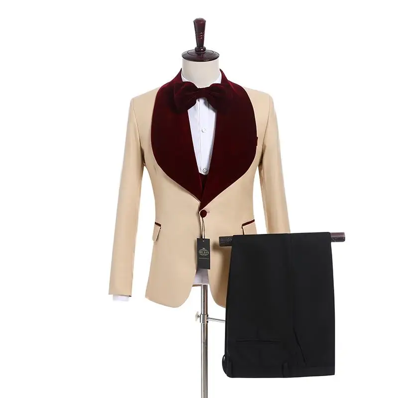 

Handsome One Button Beige Groom Tuxedos Groomsmen Wine Velvet Shawl Lapel Mens Suits Blazers (Jacket+Pants+Vest+Tie) W:1226