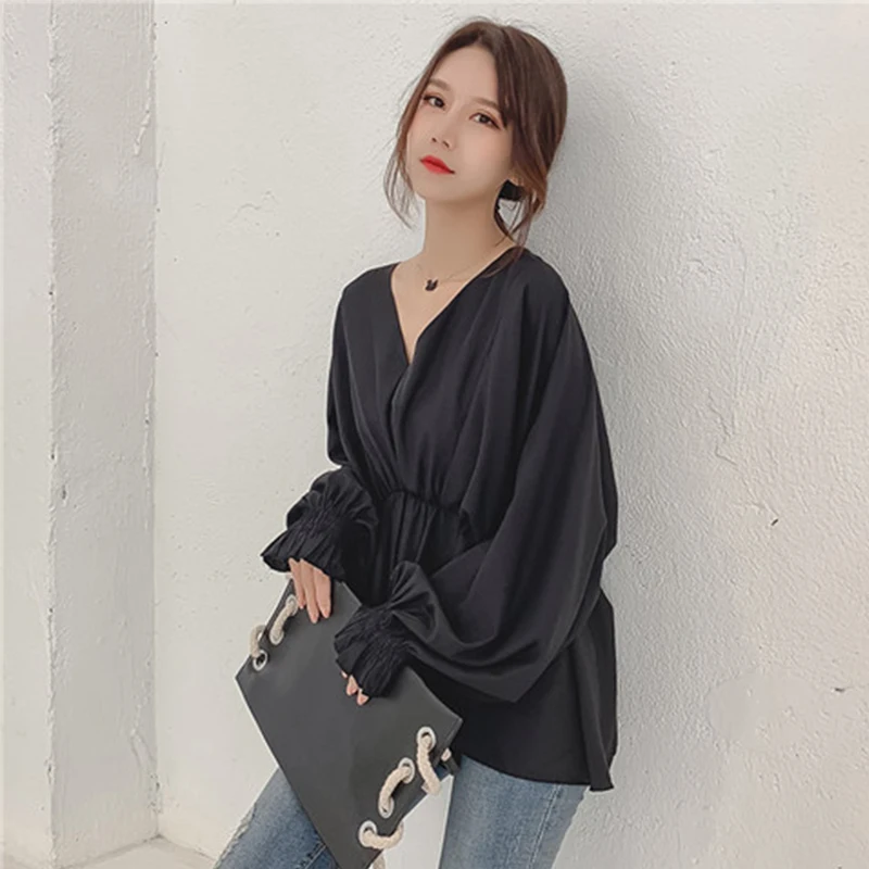 

2019 Summer Waist Loose Loose Color V-neck White Shirt Fashion Casual Sexy Elegant Blouse Women Tops Chiffon Blouse