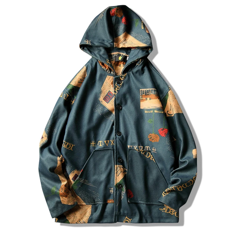 Aolamegs INS Hooded Bomber Jackets Men Streetwear Flower Print Windbreaker Male Korean Fashion Autumn Jackets Coats Street Coat