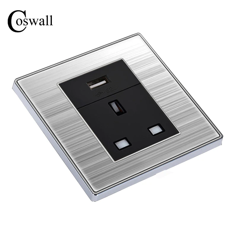 

COSWALL 13A UK Standard Socket with USB Charge Port For Mobile Luxury Wall Power Outlet Brushed Silver Stainless Steel Panel