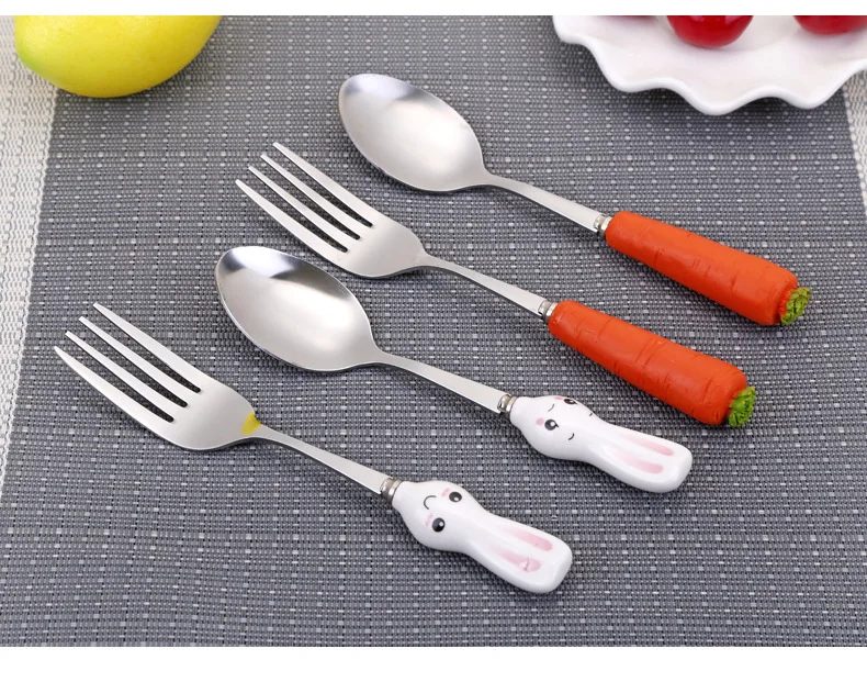 Детская посуда для кормления ложка из нержавеющей стали с мультяшным рисунком, вилка, милый кролик с морковкой, вилка с ручкой, посуда