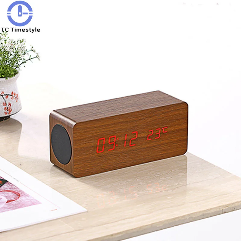 

Smart Alarm Clock Wooden Bluetooth Speaker Wireless Audio Subwoofer Digital Desktop LED Electronic