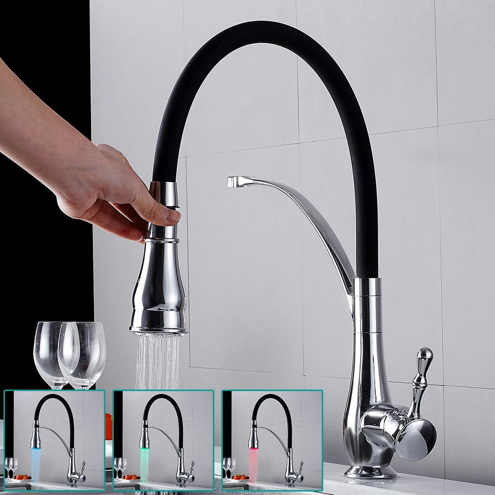 

LED Kitchen Faucets Mixer Faucet Kitchen Single Handle Pull Out Swivel Spout Basin Tap Chrome Black Faucet Deck Mounted Crane