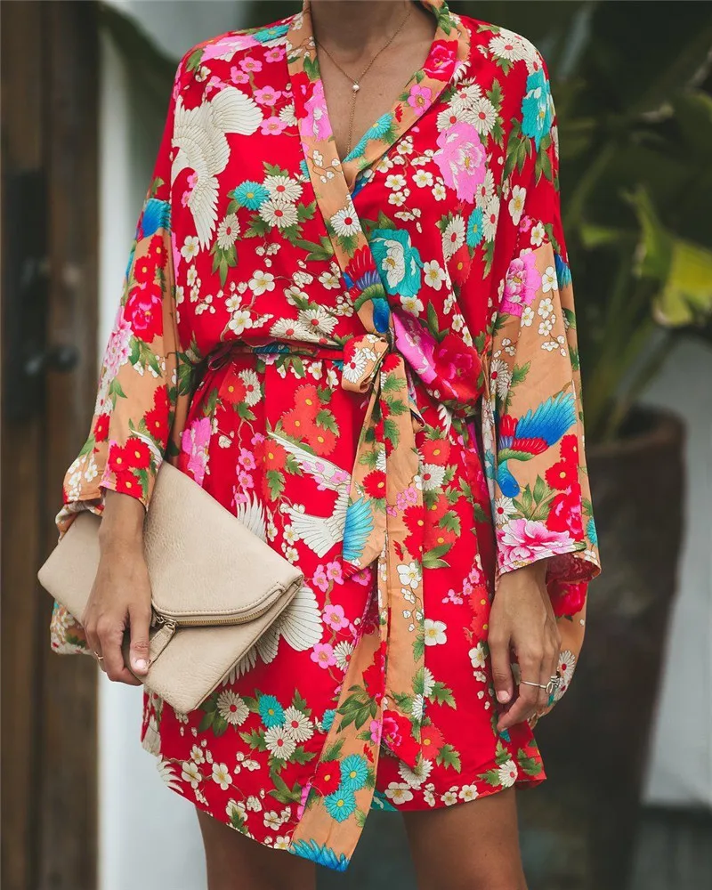 2019 Autumn Summer Women Long Sleeve Bohemian Floral Casual Loose Long Blouse Kimono Long Cardigan Flare Sleeve Print Thin Shirt