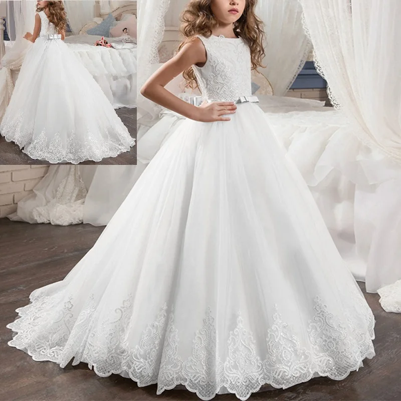 Свадебные платья подружки невесты для детей; Элегантное Длинное Платье из белого тюля со шлейфом; платье для первого причастия для девочек; бальное платье принцессы