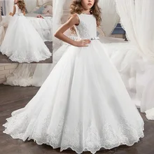 Свадебные платья подружки невесты для детей; Элегантное Длинное Платье из белого тюля со шлейфом; платье для первого причастия для девочек; бальное платье принцессы