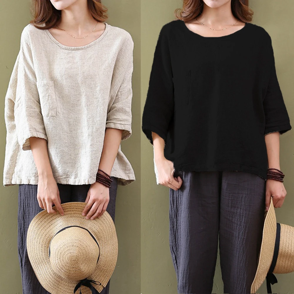 

Casual 2019 Summer Tops Ladies Retro O Neck Maxi Plus Size Blouses Linen Cotton Blouses for Women Femme Breathable Comfy Blusas